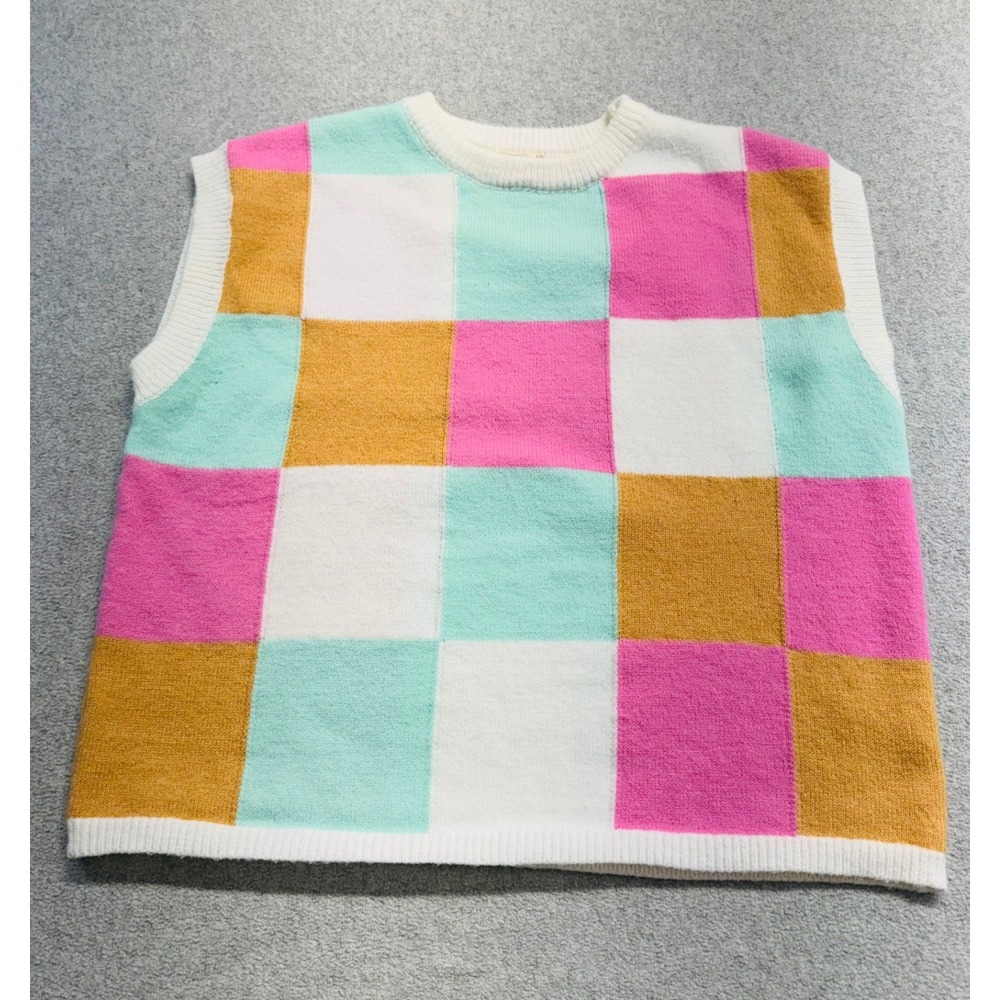 OTT Womens M Checkerboard Sweater Vest Pink Aqua Mustard Colorblock Knit Y2K